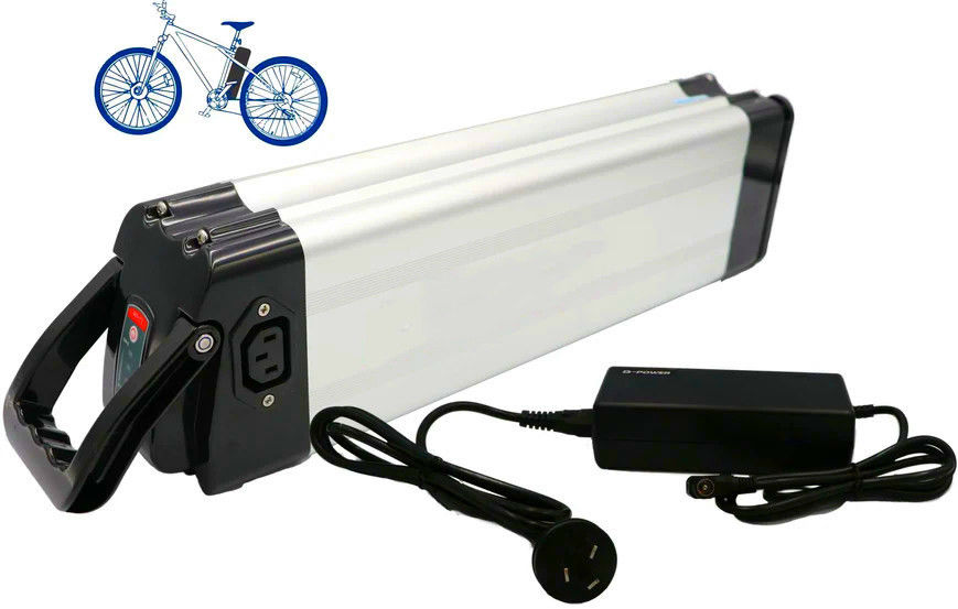 36V 13h 468 Wh Silver Fish Ebike Batería de descarga superior Puerto de carga RCA